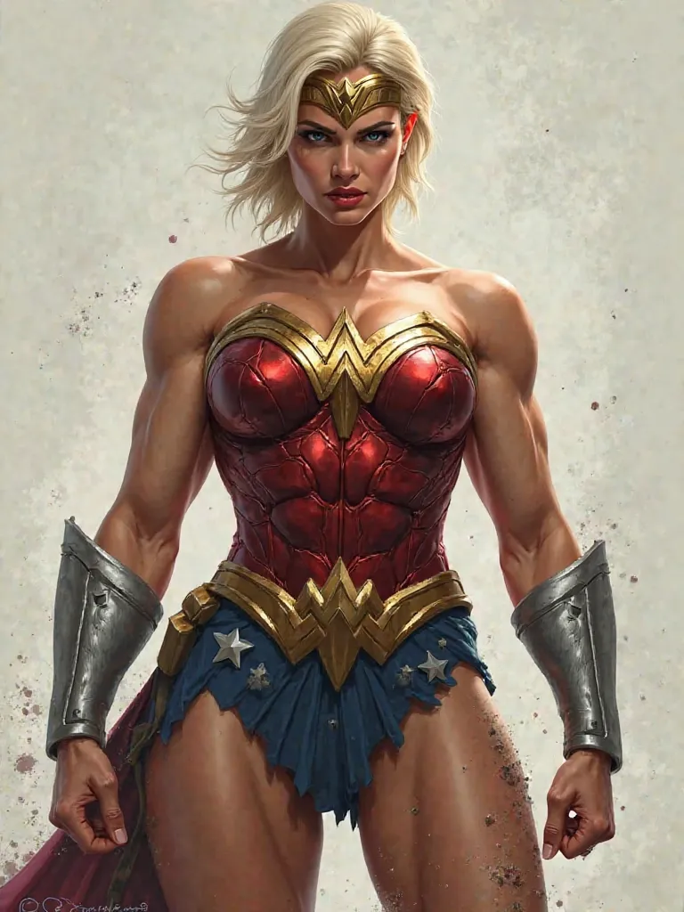 Wonder woman with short slicked back blond hair, moody face, muscular body, thick bulky muscular legs, Super Detailed, 