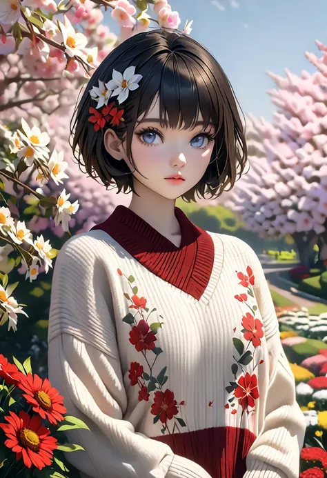 ( masterpiece:1.3), (8k, Photorealistic, RAW photo, TOP QUALITY: 1.4), (1 girl),  beautiful face, (  realistic face), (  black hair,  short hair:1.3),  beautiful hairstyle, Realistic eyes, beautiful detail eye in the flower park, (REAL SKIN), beautiful ski...