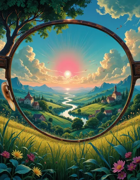 Sunrise. There is only one beautiful cloud of creamy pink in the sky. The rays of the rising sun pierce the clouds, making it translucent.A first-person view through the blue sunglasses of aviators. A beautiful picturesque green valley where you can see wh...