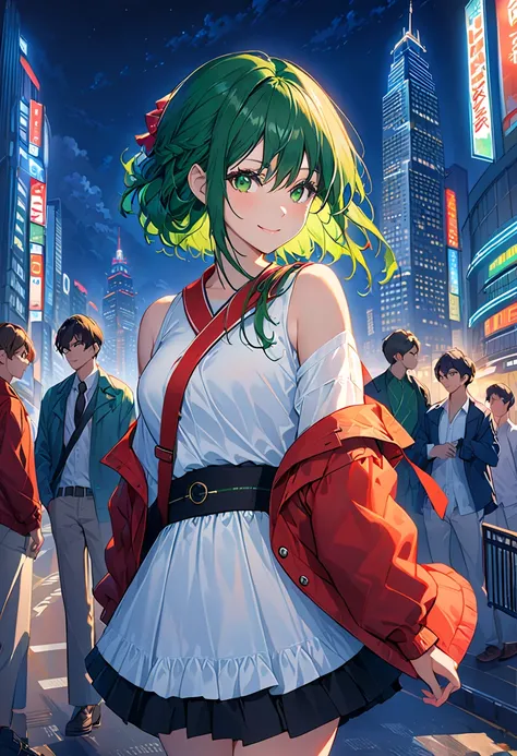 1 girl, black_ skirt, green_hair, building, city, cityscape, hair_betweens_eye,  jacket,  accurately _in_viewer, medium_hair, Multicolor_hair, multiple_ boys,   night , off_shoulder, outdoor, pleined_ skirt, road,  shirt,  skirt,  Skyscraper, smile, Alone_...