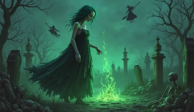 pretty undead girl, green hair, pale gray skin, kinda torn dress, she is a necromancer, green fire on the descegrated ground around her, behind her night sky with witches flying in the distance on brooms, the undead girl summons skeletons around her as the...