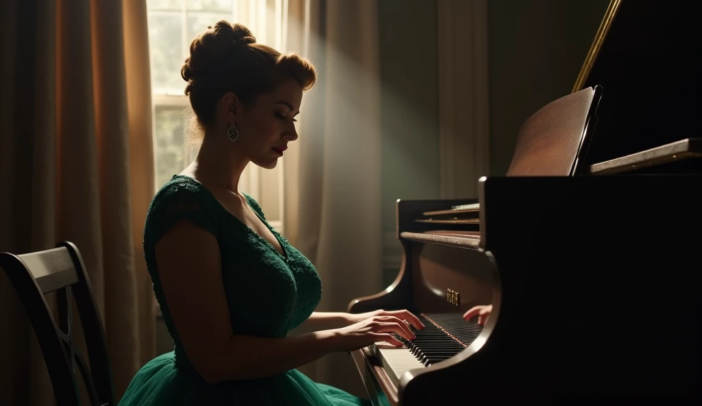 "An over-the-shoulder shot of a sophisticated woman in her 40s sitting at a grand piano in a dimly lit room, wearing an emerald green lace dress, her fingers delicately pressing the keys as she plays a melancholic tune, soft shadows, vintage 1950s vibe."