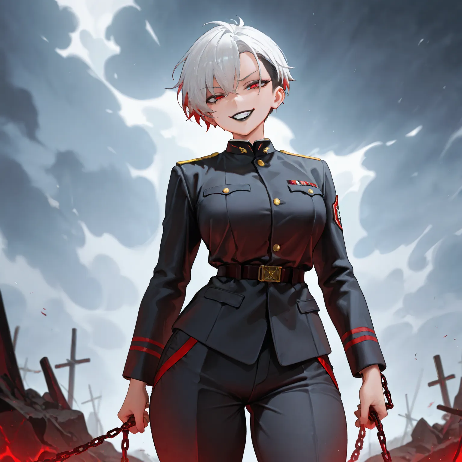 1girl, black commander uniform, narrowed eyes, black lips, red eyes, white short hair, corrupted, evil grin, pulling chain, medium breast, large thighs, pants, tomboy, sidecut 

masterpiece, best quality, amazing quality, very aesthetic, absurdres,  newest...