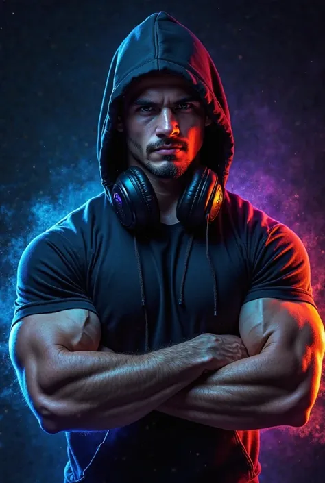 A muscular young man, 20–28 years old, wearing a black hoodie with the hood up, and large headphones around his neck. His face is sharp, focused, and intense, showing determination and strength. His arms are flexed, showcasing well-defined biceps and veins...