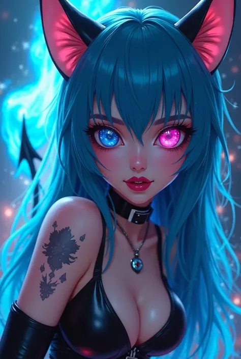 woman, right eye blue, left eye pink, eyes reflecting stars, close-up eyes, dark lips, tattoo, big lips, choker, devil smile, long blue hair, blue cat ears, long black nails, wearing black latex costume, military black high heels, sexi pose, devil smile, d...