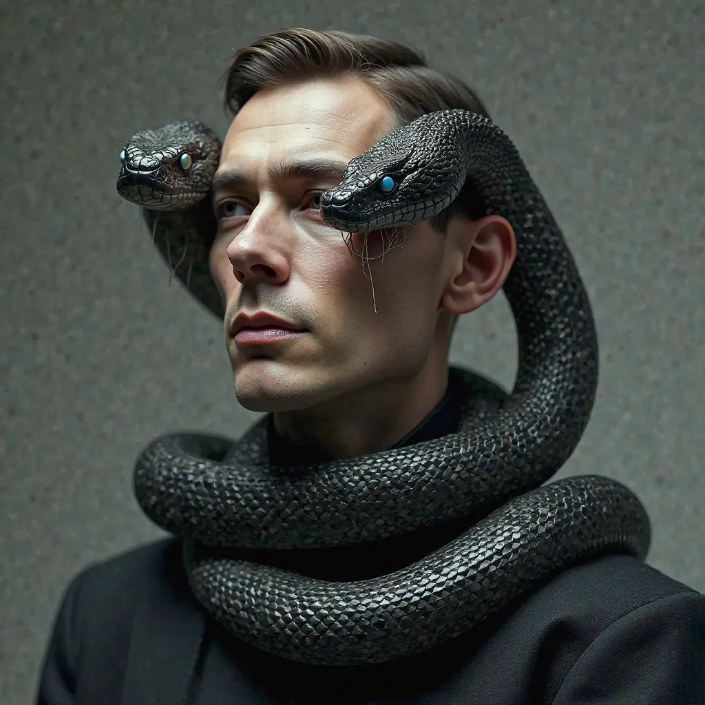 A man have short hair, snob nose,black snake body around his neck and face of snake opossite of his face hissing man looking at to snake calmly