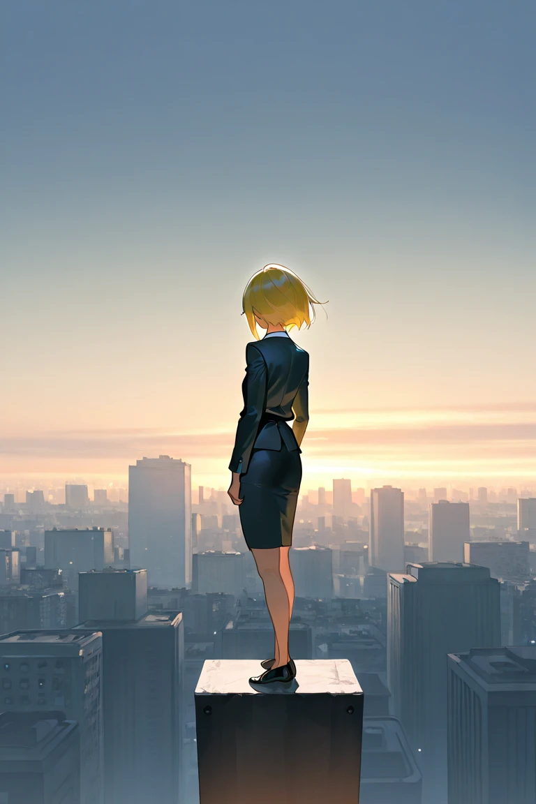 best quality, masterpiece,highest resolution, 1girl, solo, yellow hair,long cut, suit, dress shirt, skirt, city background, , standing, {far away view}, focused on background,far away, wide shot, far shot, looking sky,back view