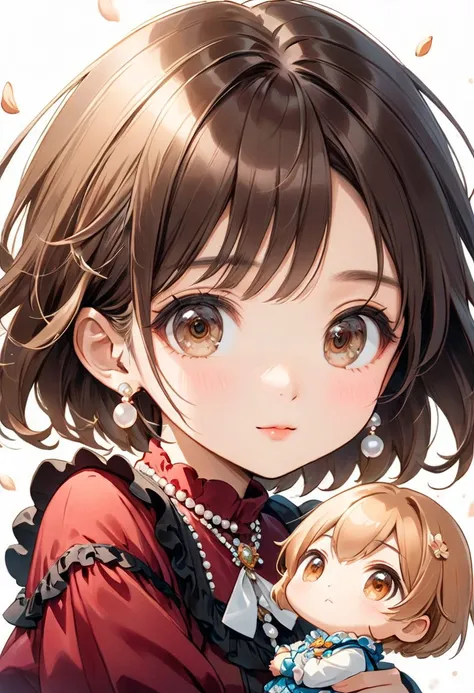 A highly detailed Dreamy fantasy anime-style illustration of Chibi-Style, vivid Copic marker anime illustration, maintains a 3:1 head-to-body ratio, (1 sophisticated cute immature girl:1.2), short neatly styled pixie cut, brown hair with a soft natural she...