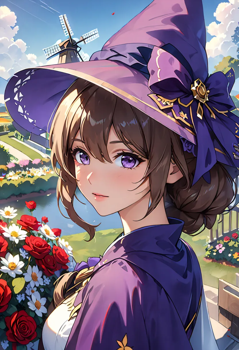  beautiful girl, perfect face, Arms Down ,  masterpiece, Ultra High Definition, high quality, 4K,  upper body:1.5,  Lisa (Genshin Impact), urple  Witch hat, green eye, brown hair, ( pureerosface_v1:0.008), (Europe:1.6), bangs,  dress,  Rose,   jewelry,  Wi...