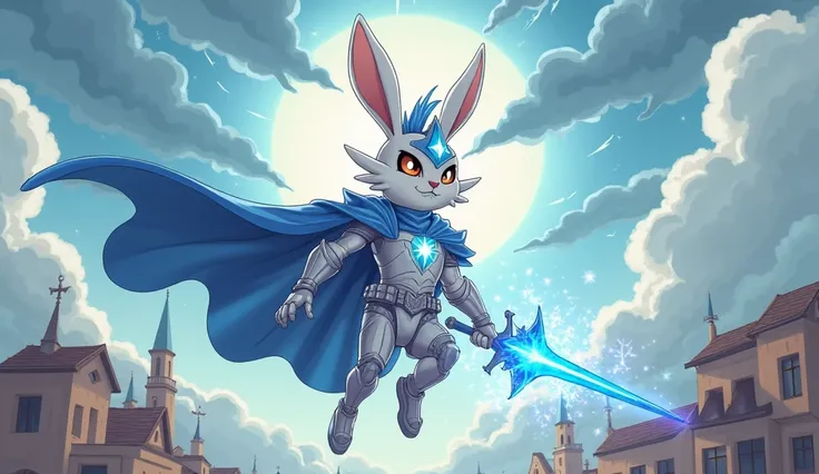 "A stormy sky cracks open with pale blues and soft white clouds as a heroic rabbit leaps in. Hiệp Sĩ Caltonat, a fierce bunny in gleaming silver-white armor with sharp blue trim and a swirling blue cape, stands tall with long ears perked, his helmet topped...