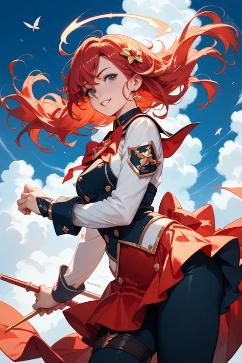 Red-haired twin-tailed magical girl wearing military uniform and pants