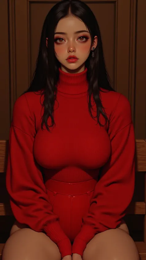 8k,  masterpiece, best quality, Beautiful Korean Women, Eye Level View ,  long dark hair,   look serious,  pale skin,  (((Red sweater showing very big breasts))),   off shoulder,   sitting position,   can see legs ,  wooden bench,  wood panel background,  ...