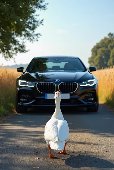 A quiet countryside road bordered by tall, golden wheat fields under a clear blue sky, with a large, stationary black car prominently featured in the background. The car's front grille, headlights, and logo are clearly visible, highlighting its sleek desig...