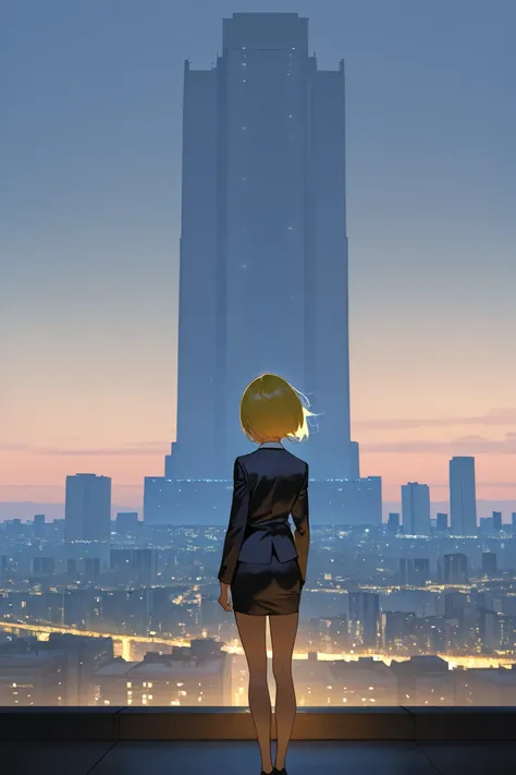 best quality, masterpiece,highest resolution, 1girl, solo, yellow hair,long cut, suit, dress shirt, skirt, city background, , standing, {far away view}, focused on background,far away, wide shot, far shot, looking sky,back view