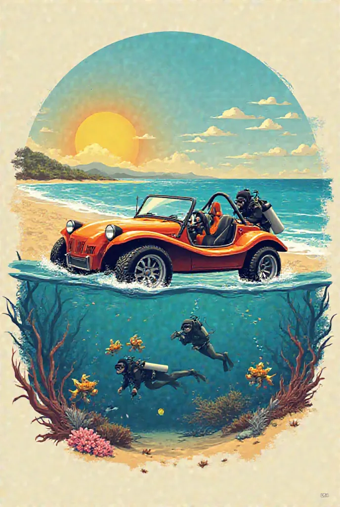 A beach buggy on seashore and divers in the water in logo style 