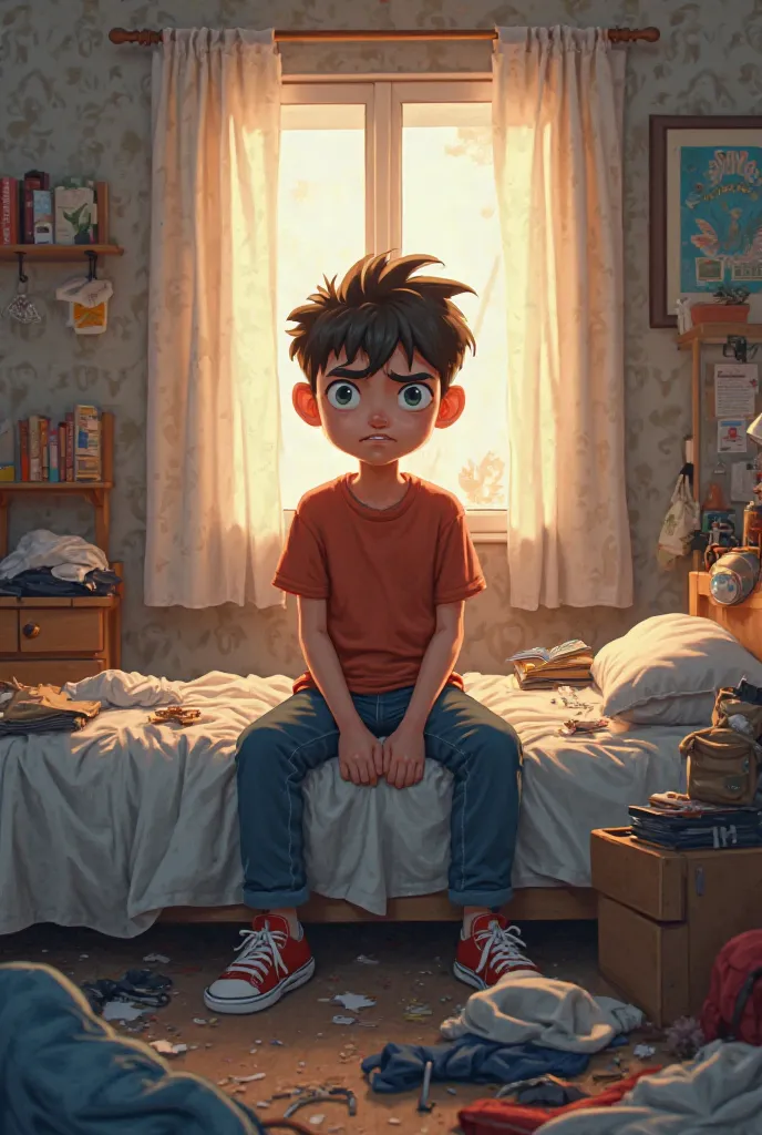 The boy sitting on his bed, looking frustrated, with a messy room and a clock showing it’s already afternoon.