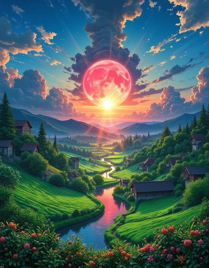 Sunrise. There is only one beautiful cloud of creamy pink in the sky. The rays of the rising sun pierce the clouds, making it translucent.A first-person view through the blue sunglasses of aviators. A beautiful picturesque green valley where you can see wh...