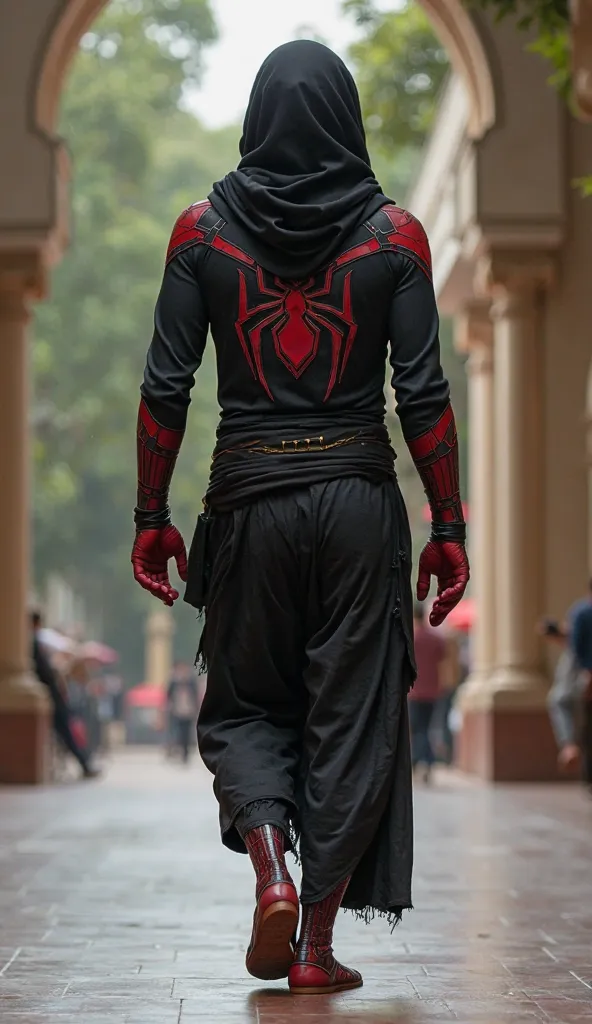 (RAW) High quality photos, 8K resolution ,  realistic . Spiderman with his handsome costume, movie character, she wears sarong and black pecci has Indonesian Muslim. walks towards the mosque. The sarong is worn from the abdomen to the eyes of the feet. 