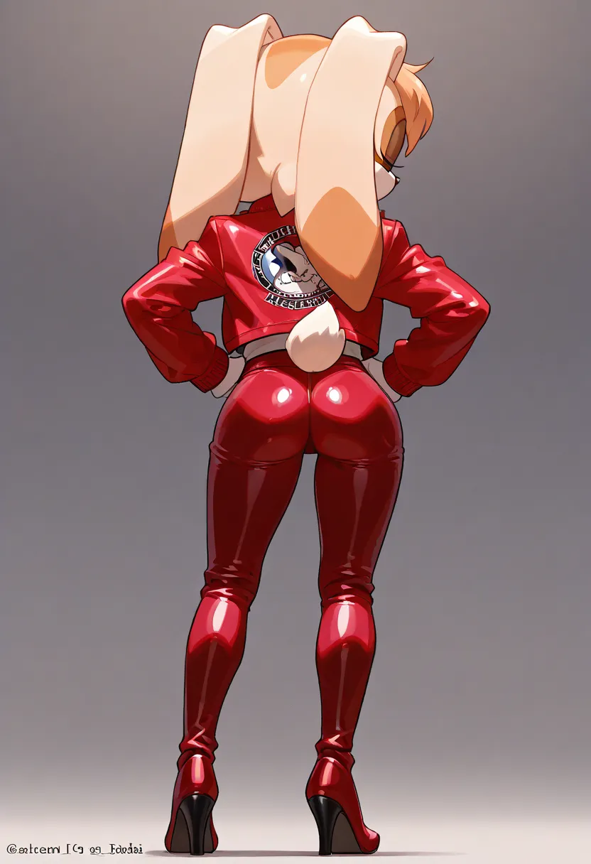 the woman wearing red leather pants and a very high high heel is standing up and the back view of her hair is hard to see but the front view is clear and, solo, 1girl, ass, long hair, from behind, jacket, red jacket, red pants, pants Vanilla The Rabbit, 🐇