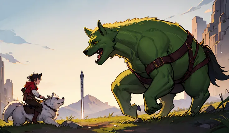 green orc riding a grey wolf, holding a Single-edged sword
