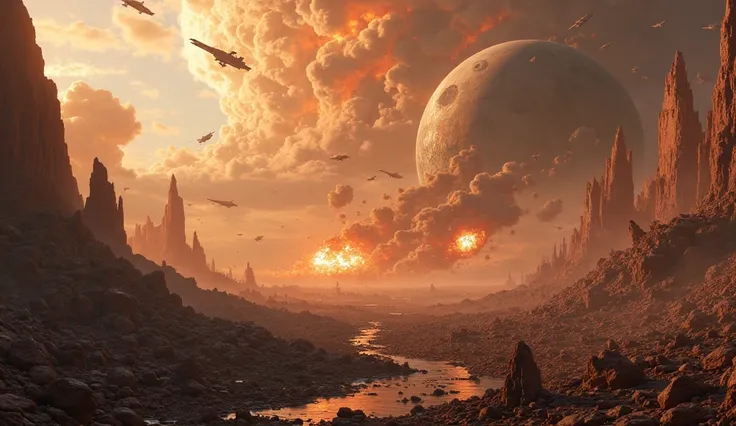 A vast, war-torn planet covered in wreckage from massive space battles. Burning starships crash into the surface as distant explosions light up the sky. In the background, ominous warships loom over a devastated city,