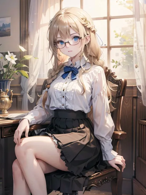 masterpiece, TOP QUALITY, very detailed, 8k, Ultra High Definition, cowboy shot, detailed faces, Thinking face,  female,  blue eyes,  Gold,  long hair,  braids, Glasses, white blouse:1.2, check skirt to hide chest and crotch:1.2, Black shoes:1.2,  luxuriou...