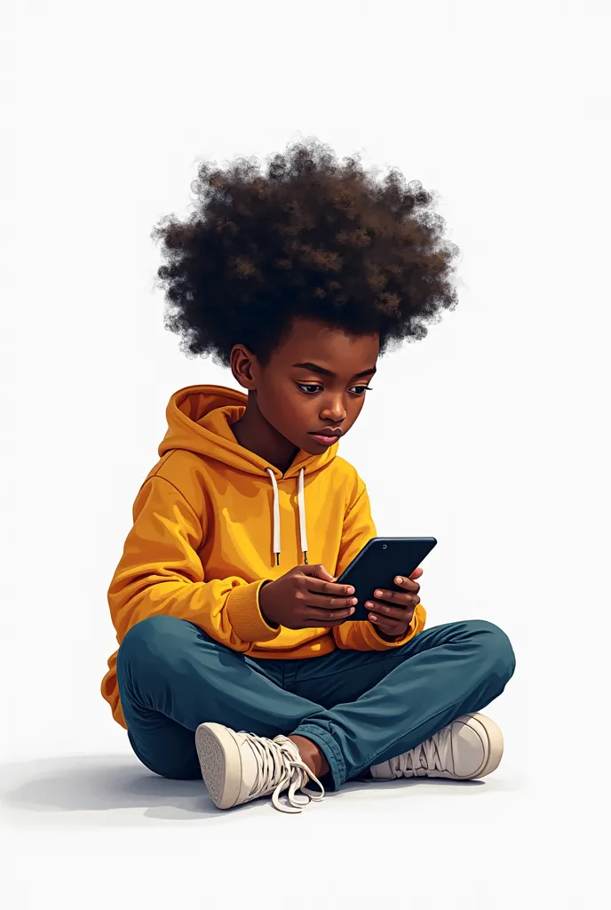 A young black student with lots of hair sitting on the floor manipulating a computer in hand and a white background