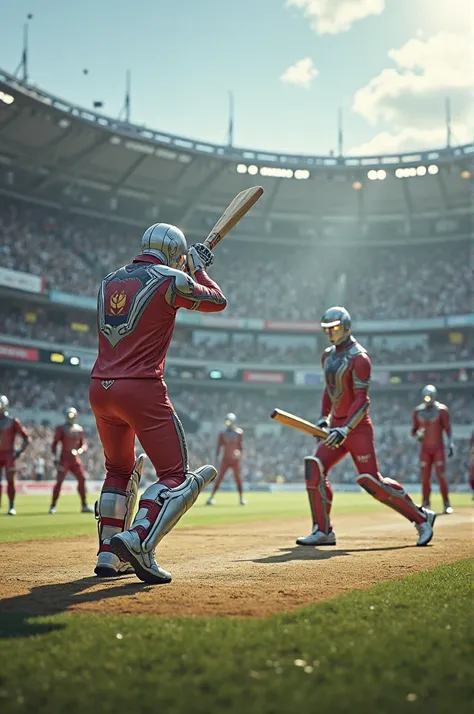 A futuristic cricket stadium shining under the bright sun as 11 Ultraman variants engage in an intense, high-speed cricket match. One Ultraman, in a powerful batting stance, grips the bat with precision, his metallic suit reflecting the sunlight as his ene...