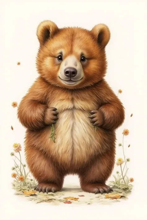  kind bear stands in full growth. Large expressive eyes. Bright, rich colors contrasting with the eyes. Symmetrical composition, drawn style expressed in details. Simple, but emotionally rich image. 