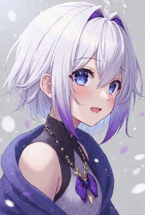 Short white hair with purple LONG tips, ALL eyes black with ,,X" blue pupils, smile, not ai look, best quality, uncensored, anime art, genshin impact artstyle, genshin impact character, cyro vision from genshin impact, sumeru character