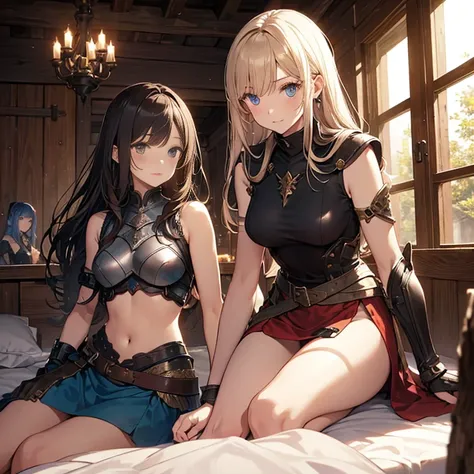 A group of  female medieval fantasy adventurers, (in bedroom), various hair styles, harem, wooden logs wall, details face, seducing, sleeveless, armor, on bed