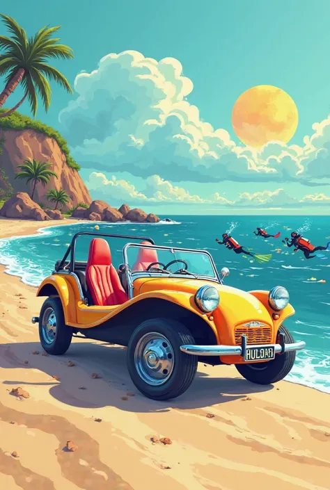 A beach buggy on seashore and divers in the water in logo style 