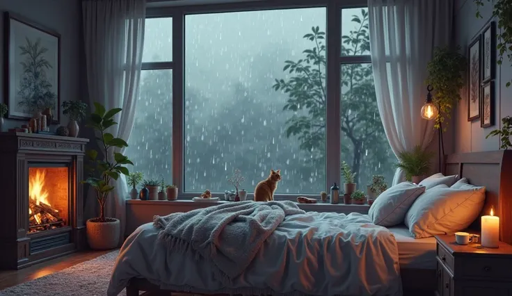 Big window . Rain. Cozy comfortable bed blanket  . cushion. Fireplace. No man. Two coffee cold cup. Cat see the rain