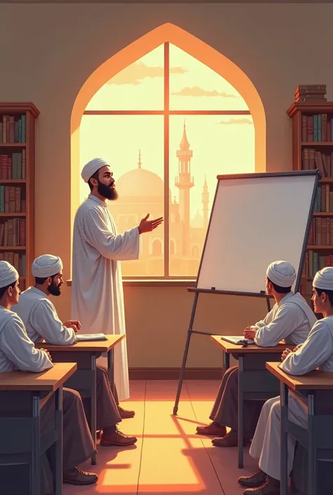 Easy and Effective illustration: Curriculum and Methods of Teaching Arabic and Islamic Religious Education. depicting the atmosphere of the class Arabic language learning in an Islamic school or boarding school. Some of the main elements seen in this illus...