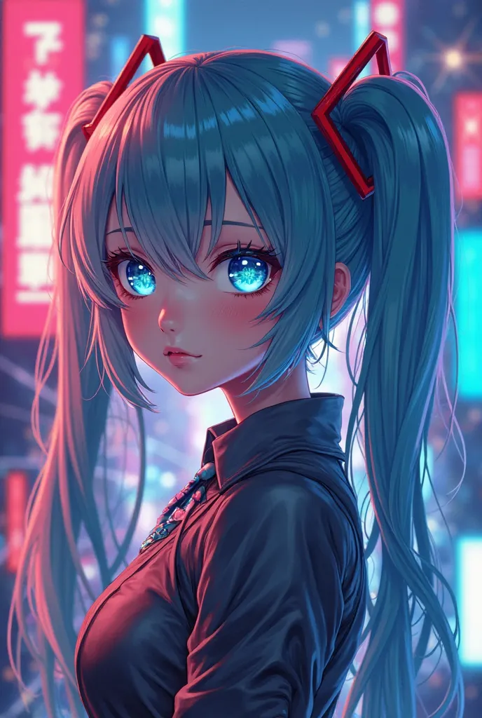 a girl, Hatsune Miku, an anime girl,hair detail, hair floating, Zettai Ryouiki, big blue gold eyes, light eyes, neon light, Cyber city background, main colour only blue-red-pink, absurdres, masterpiece, best quality, UHD