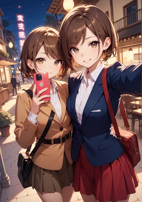 Selfie, girls on the left, suit, skirt,night,Town,short hair,brown hair, brown eyes, swept bangs,bag, Selfies,In front of the restaurant