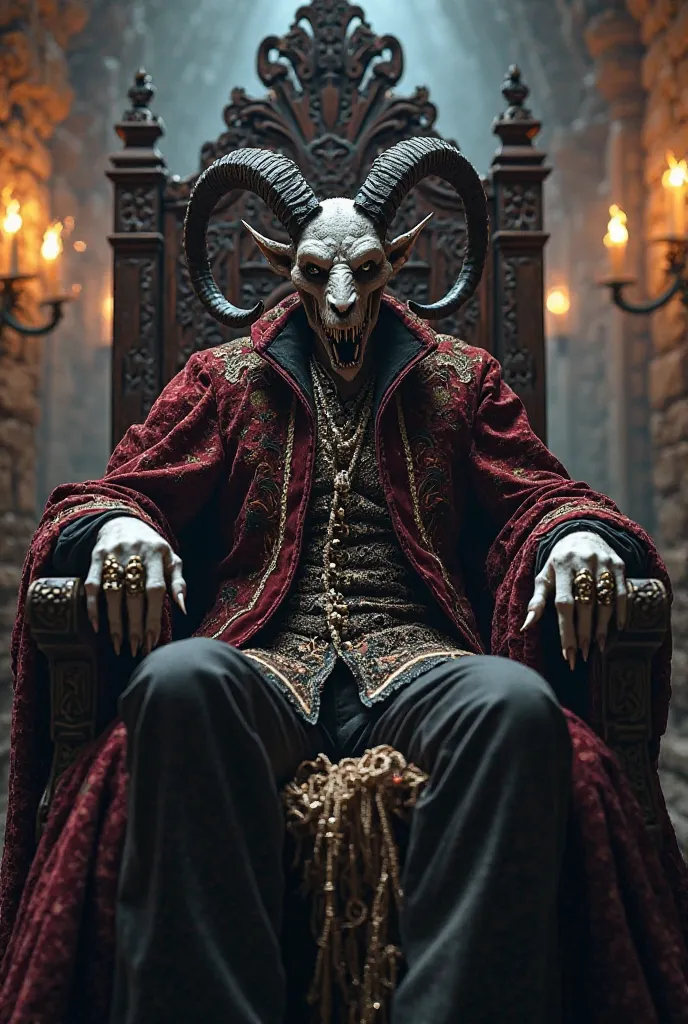 a vampire demon with goat horns dressed as a nobleman sitting on a throne