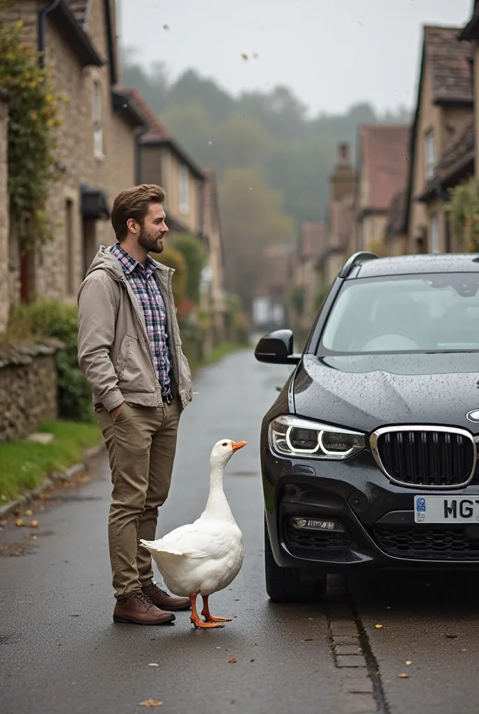 A charming village street lined with rustic cottages and stone walls, capturing a friendly interaction between a person and a white duck. The person, wearing a light jacket over a plaid shirt and khaki pants, stands next to a black car parked along the roa...