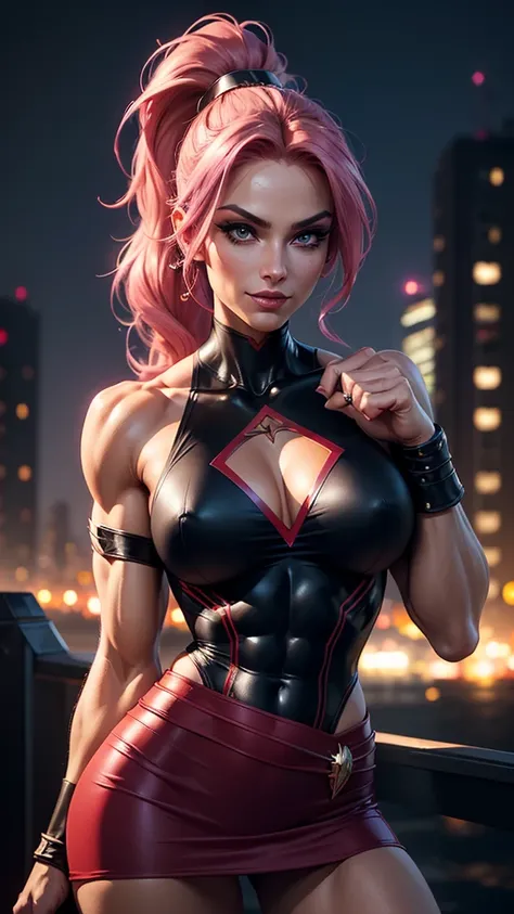 A gorgeous and stunning, ((superheroine)), smirking, smiling, dominant, challenging demeanor, smug, teasing, tall, statuesque, imposing, towering, biceps, triceps, ((eight pack abs, extremely defined abs)), ((flexing biceps, showing off biceps, double bice...