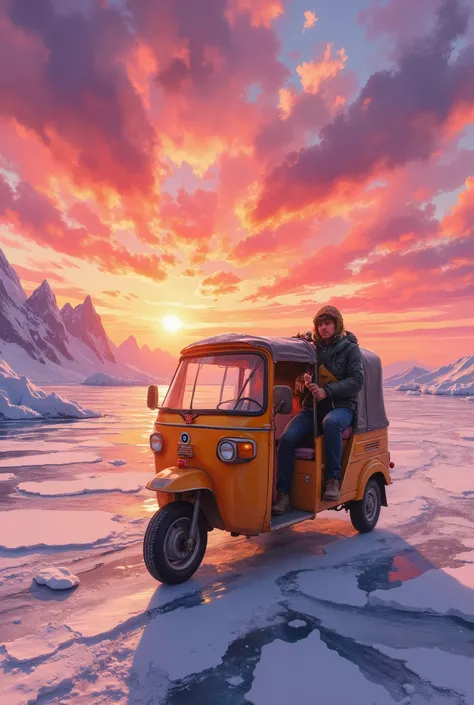 driving on an auto rickshaw on the frozen sea, Independent travel, Huge orange sunset, Cycling