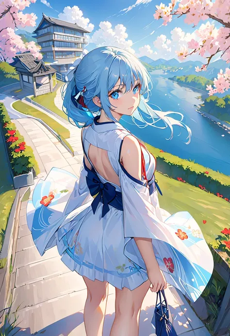 Anime School Girl,  hair,  short kimono, Bare wrist, Bare back, Shoulders, walk,  long hair, light blue hair, watch viewers,  blue eyes