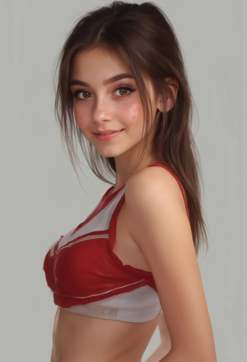 front view,skinny petite 18 years old girl,fair skin,,shiny skin,expose skinny belly,beautiful smile,freckles ,sweaty,very pretty face, sweaty, flushed skin,3d realistic,superskinny,laura b,cheerleader uniform,full body,looking at viewer,