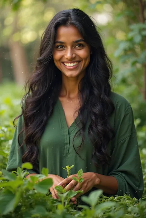 Sri lankan long thick hair girl. She is smile. She wear green frock. Her hand on herbs