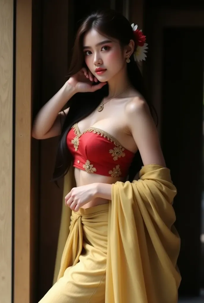 *Lighting Conditions:** 
The lighting is soft and natural, likely from sunlight filtering through an opening. It highlights the model's face and upper body, creating a warm and serene ambiance. **Model's Posture:** 
The model is standing with a slight turn...