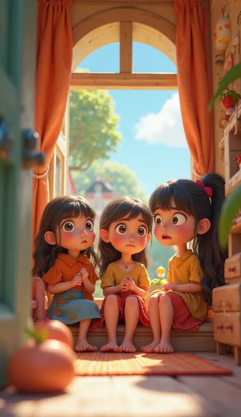 There is a house in a beautiful village, and three beautiful girls are sitting in the house, worried, picture 3d cartoonish 