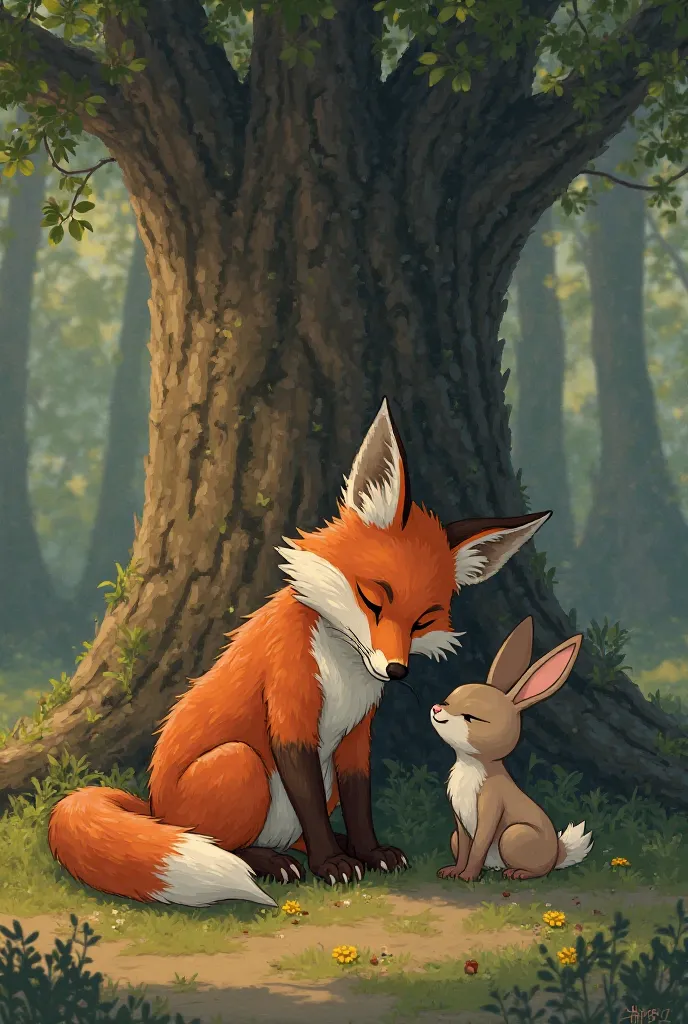 The fox, looking tired and ruffled, sits licking his wounds under a tree. Remy hops up beside him, smiling kindly. They sit together, the fox looking humbled and the rabbit looking amused