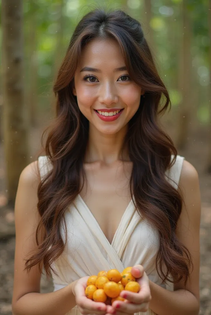 
Prompt 1 : This high quality photo captures a beautiful 20-year-old Thai woman with long, wavy brown hair, light skin, makeup, eyeliner, red lipstick, looking at the viewer, funny smiling face, dressed in a Thai woman's dress. She is standing in a cashew ...