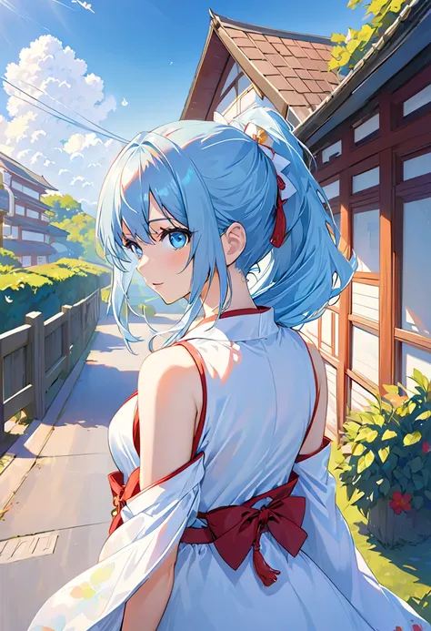 Anime School Girl,  hair,  short kimono, Bare wrist, Bare back, Shoulders, walk,  long hair, light blue hair, watch viewers,  blue eyes