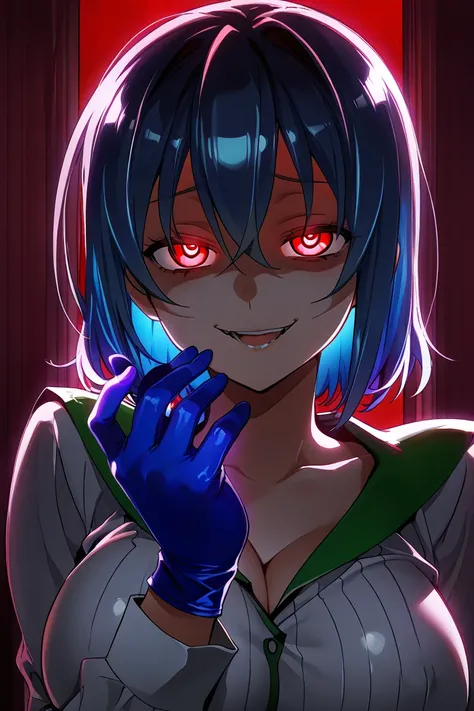  a girl with large breasts ,  blue hair, multicolored hair, detailed eyes, Yandere expression , Yandere,  evil smile, uniforme Highschool of The dead, blue glove, red-eyed uniform,  short hair, Slap Black Eye