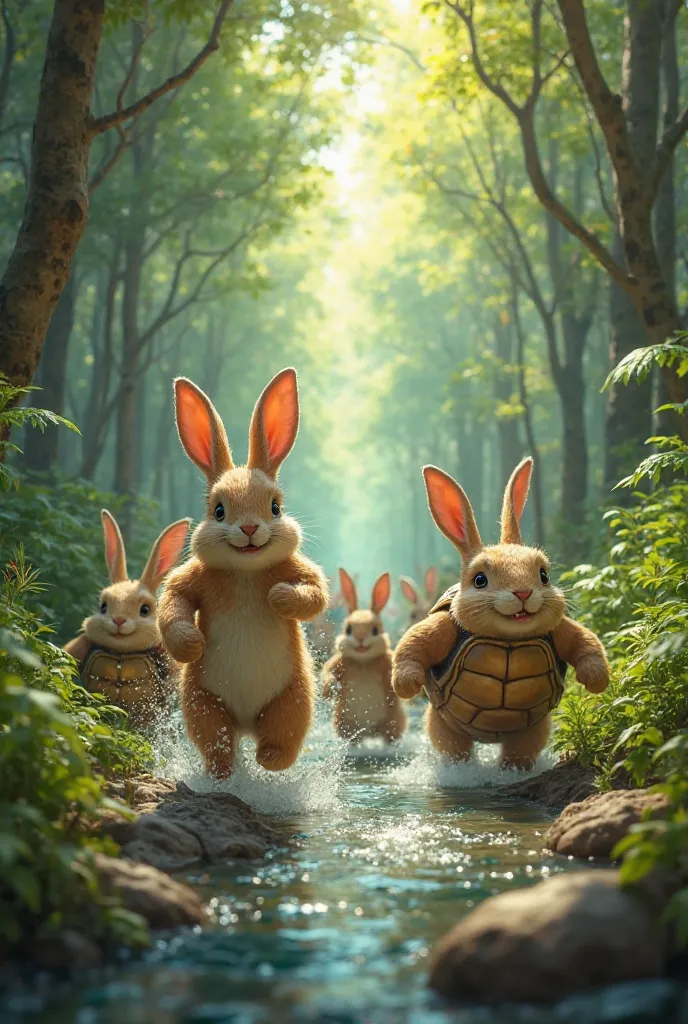 One day in the forest, rabbits and turtles decide to race again. 